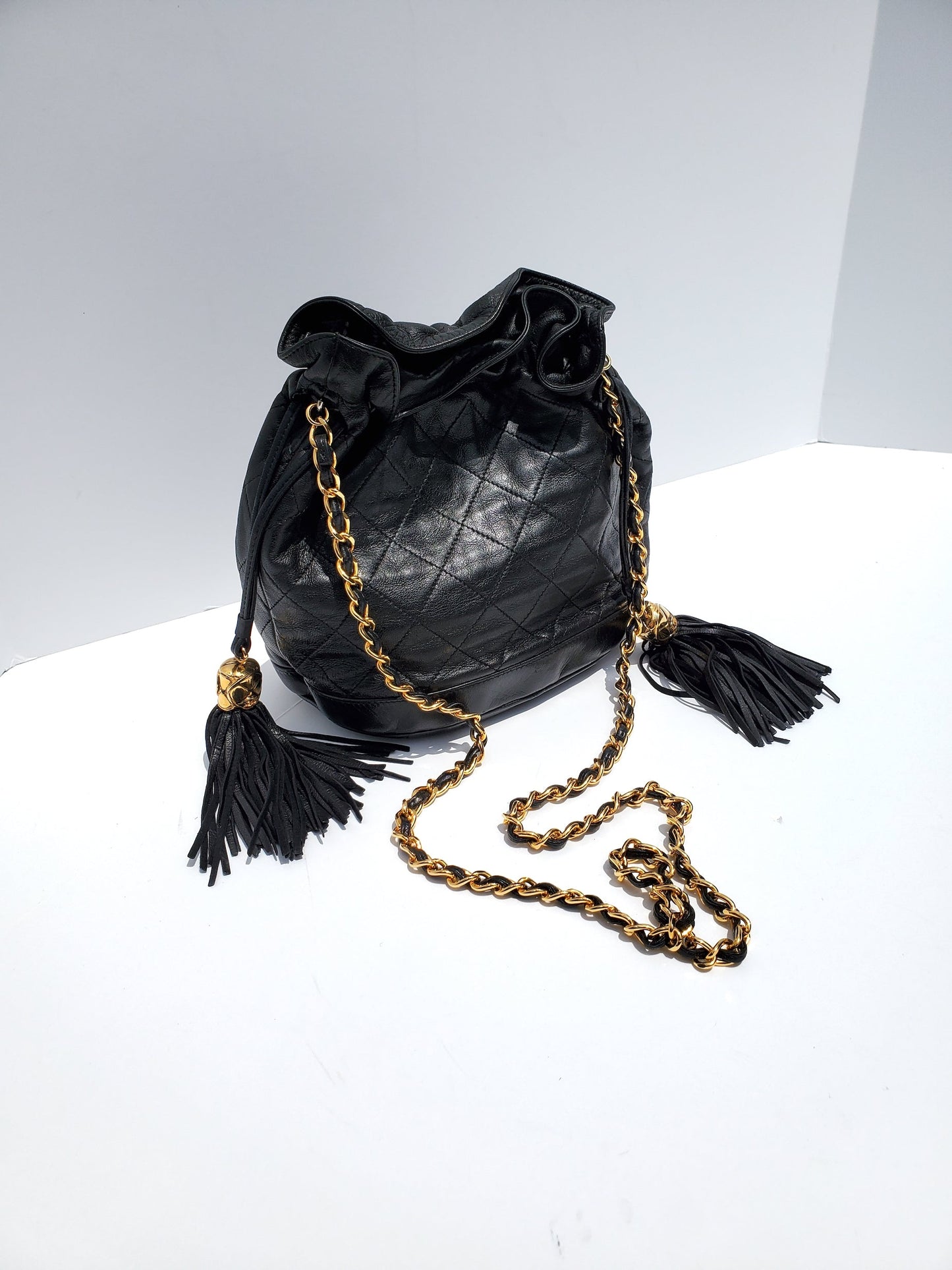 Chanel Gold Black Leather Quilted Bucket Bag