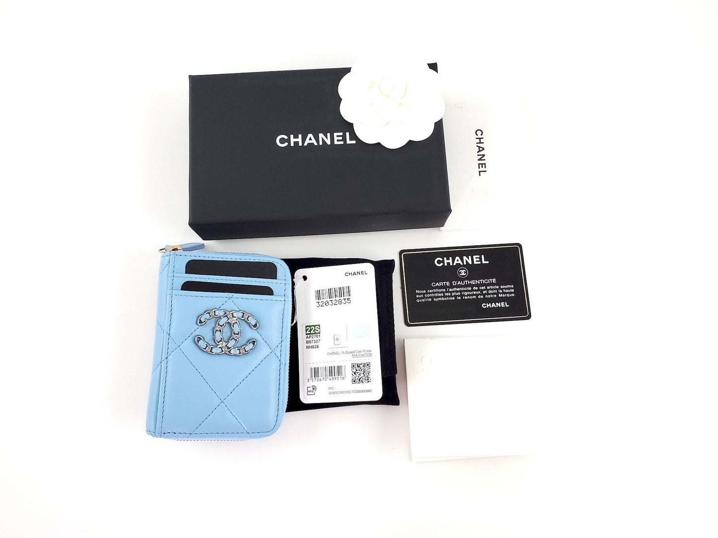 Chanel Quilted CC Blue Zip Card Case Wallet