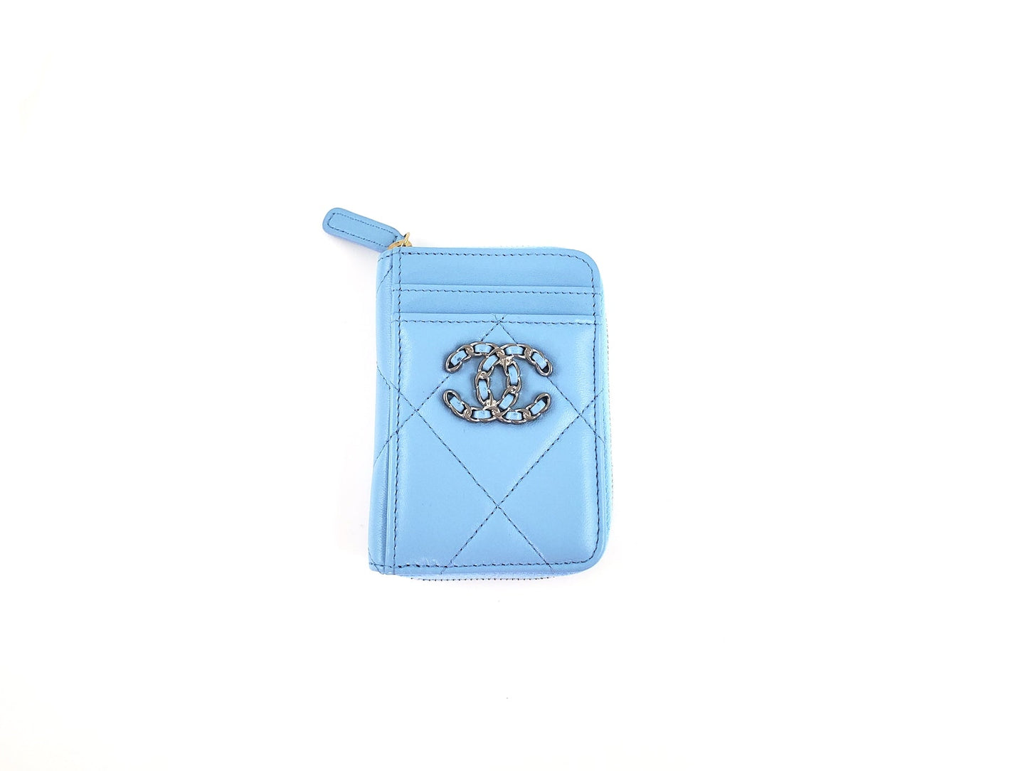 Chanel Quilted CC Blue Zip Card Case Wallet