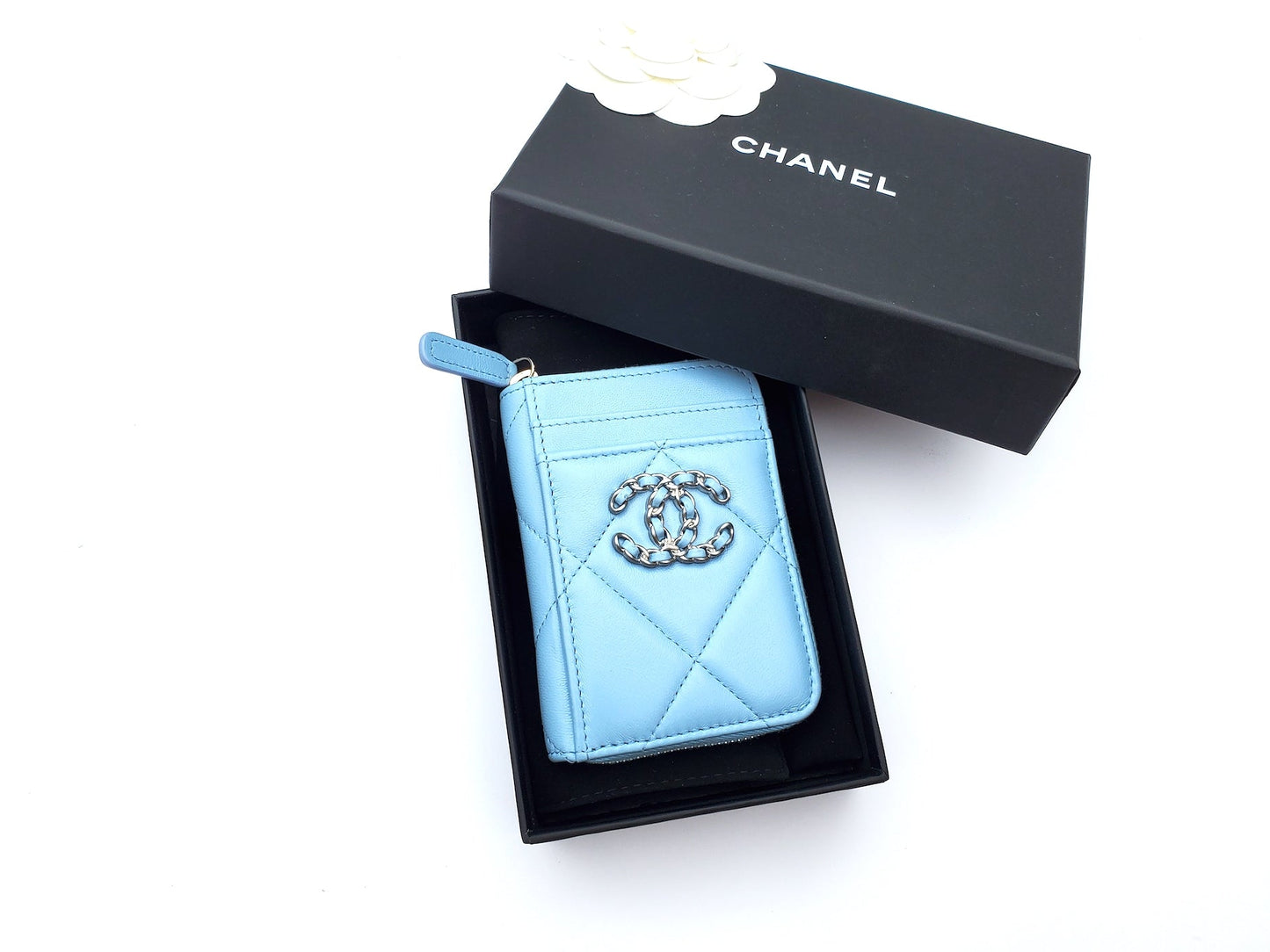 Chanel Quilted CC Blue Zip Card Case Wallet