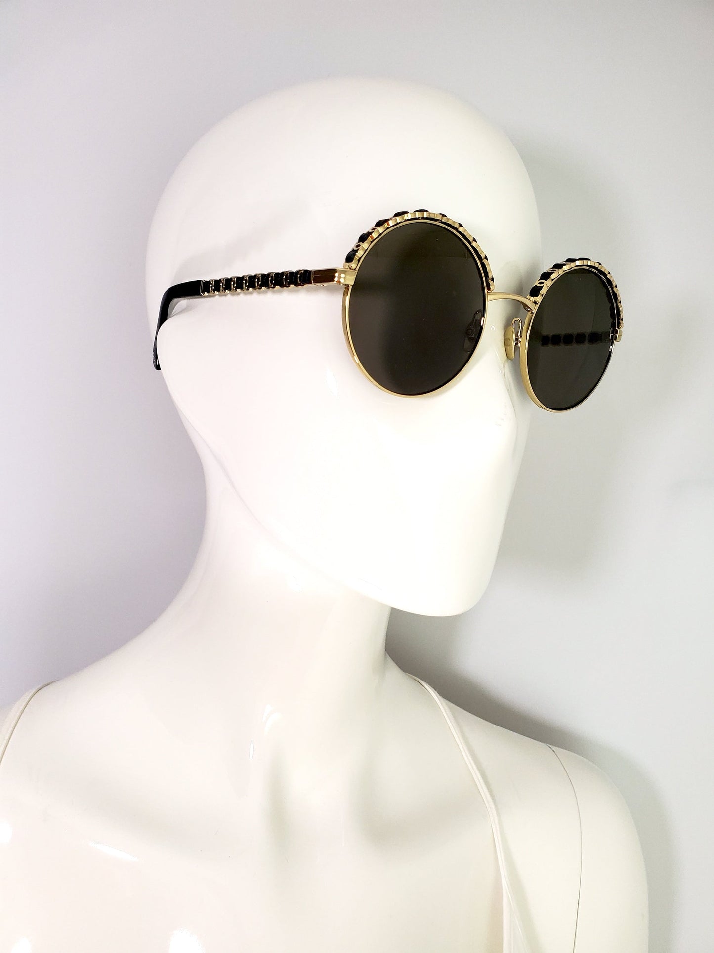 Chanel New In Stores Now Round Gold Black Metal Leather Sunglasses