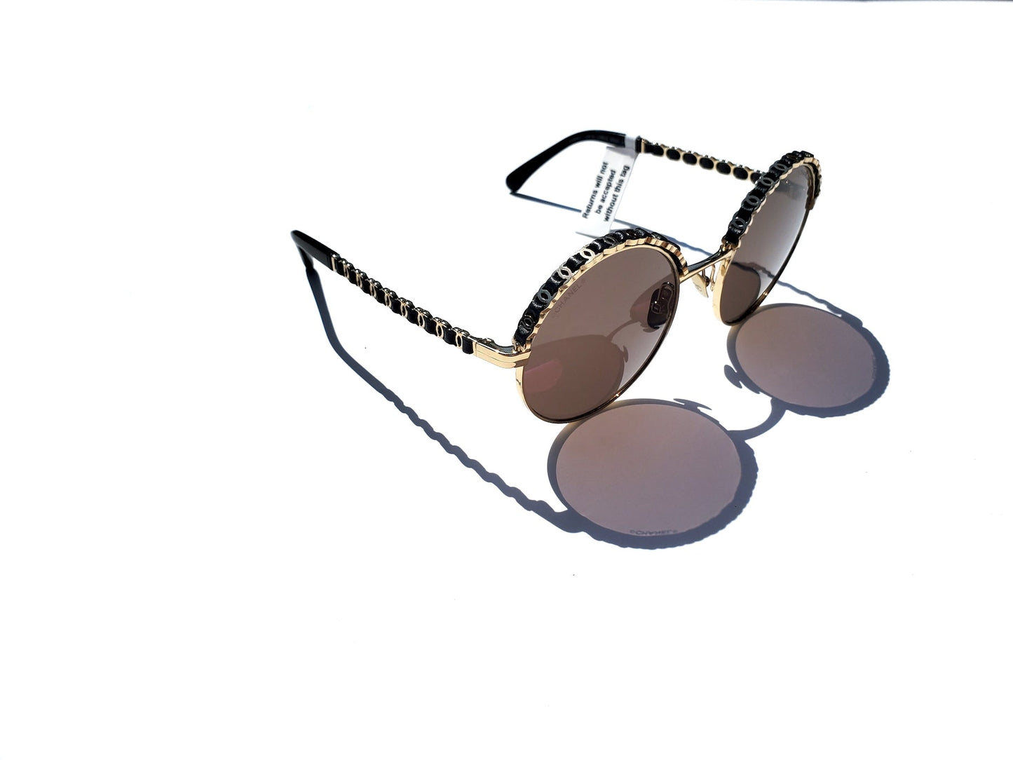 Chanel New In Stores Now Round Gold Black Metal Leather Sunglasses