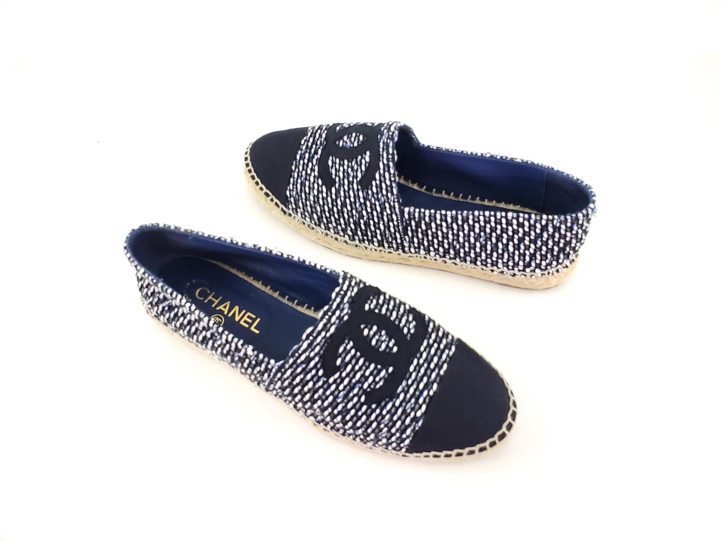 Chanel Black White Tweed Espadrilles Flats 41