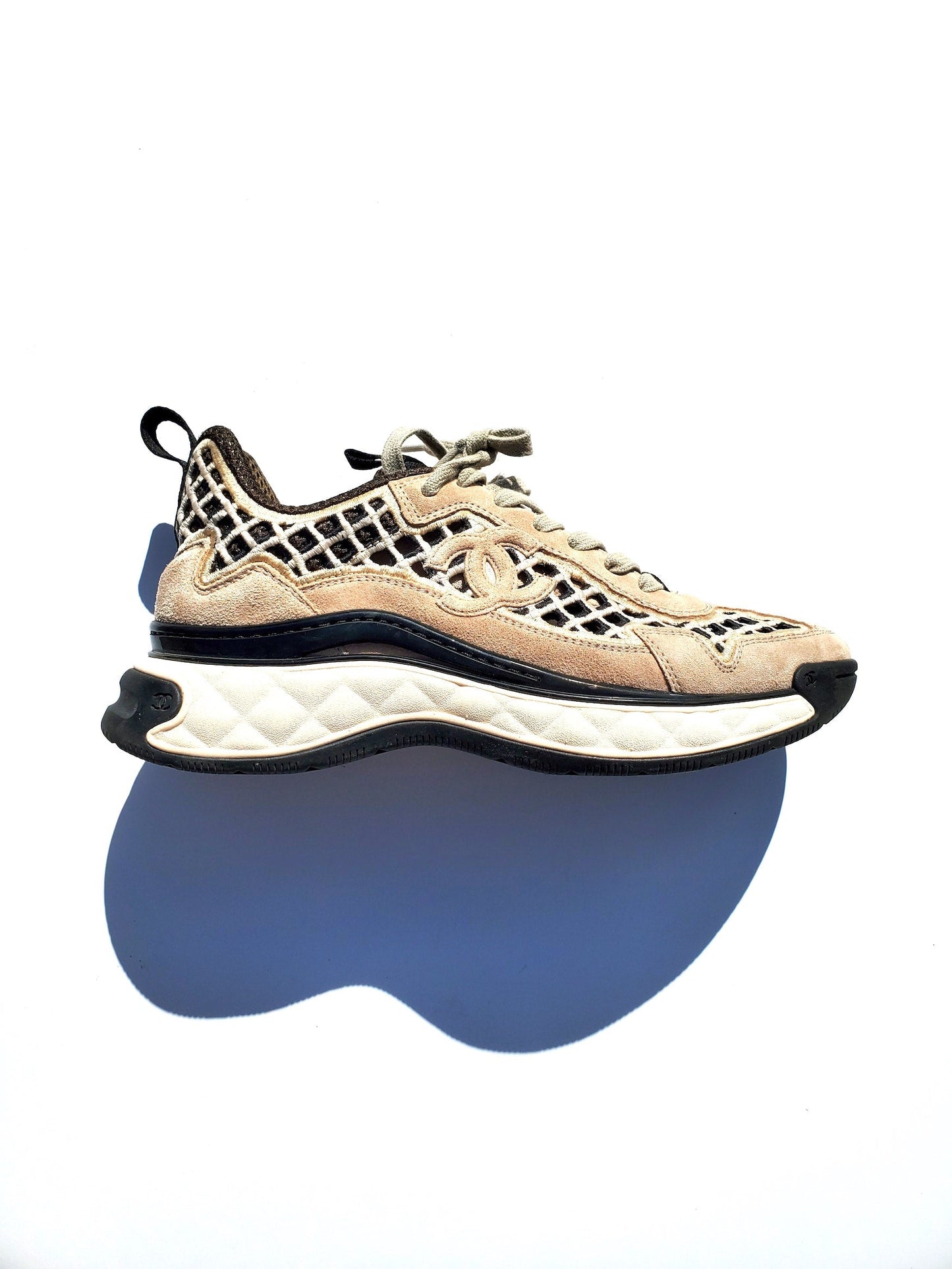 Chanel 2021 Beige Suede Perforated Logo Sneakers 37.5