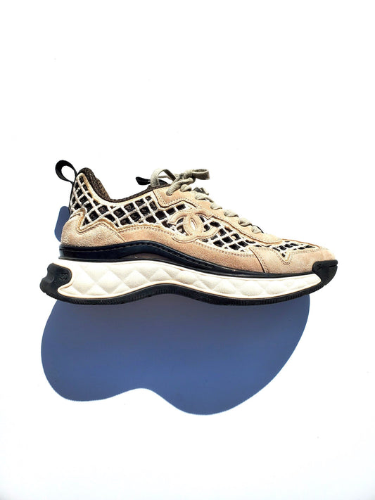 Chanel 2021 Beige Suede Perforated Logo Sneakers 37.5