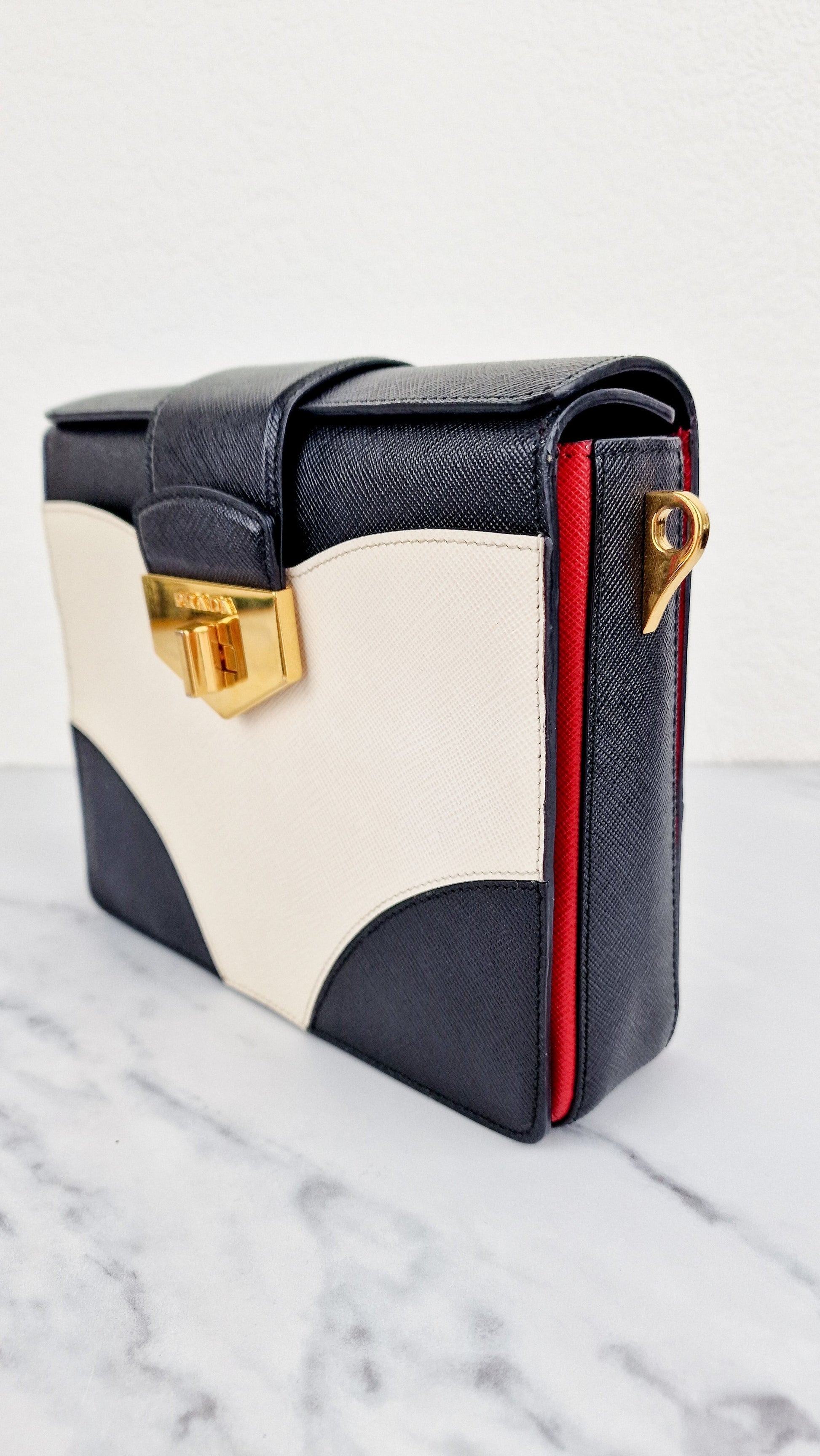 Prada Turnlock Satchel Bicolor Crossbody Bag In Leather Saffiano Black Satchel Bag