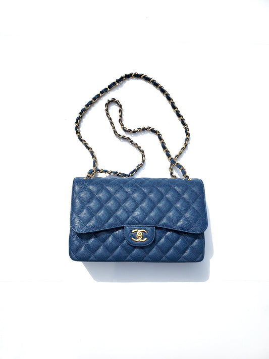 Chanel Blue 2018 Caviar Jumbo Classic Quilted Double Flap Bag