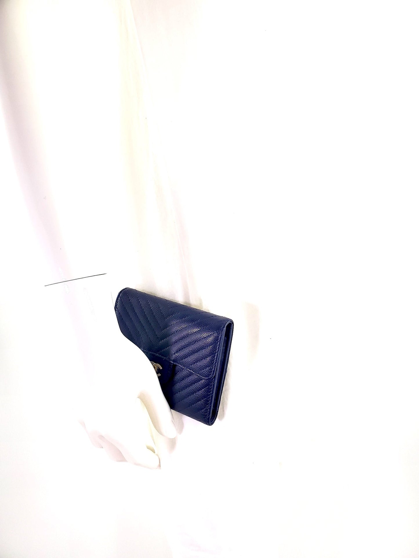 Chanel Classic Navy Caviar Compact Quilted Flap Chevron Wallet