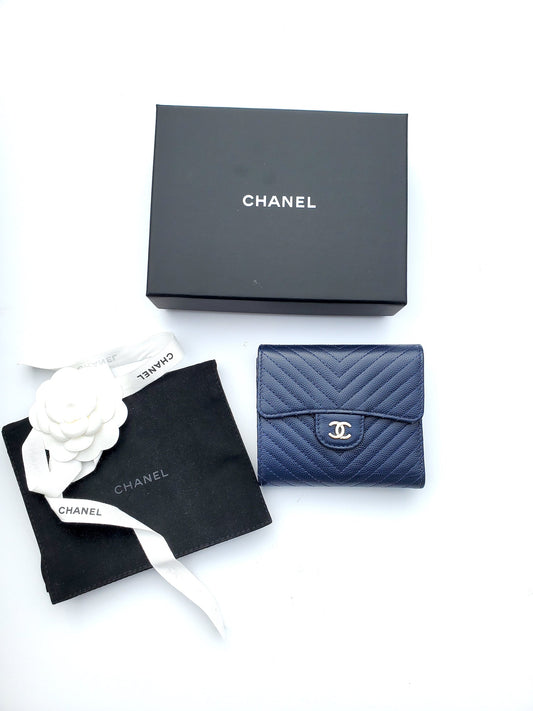 Chanel Classic Navy Caviar Compact Quilted Flap Chevron Wallet