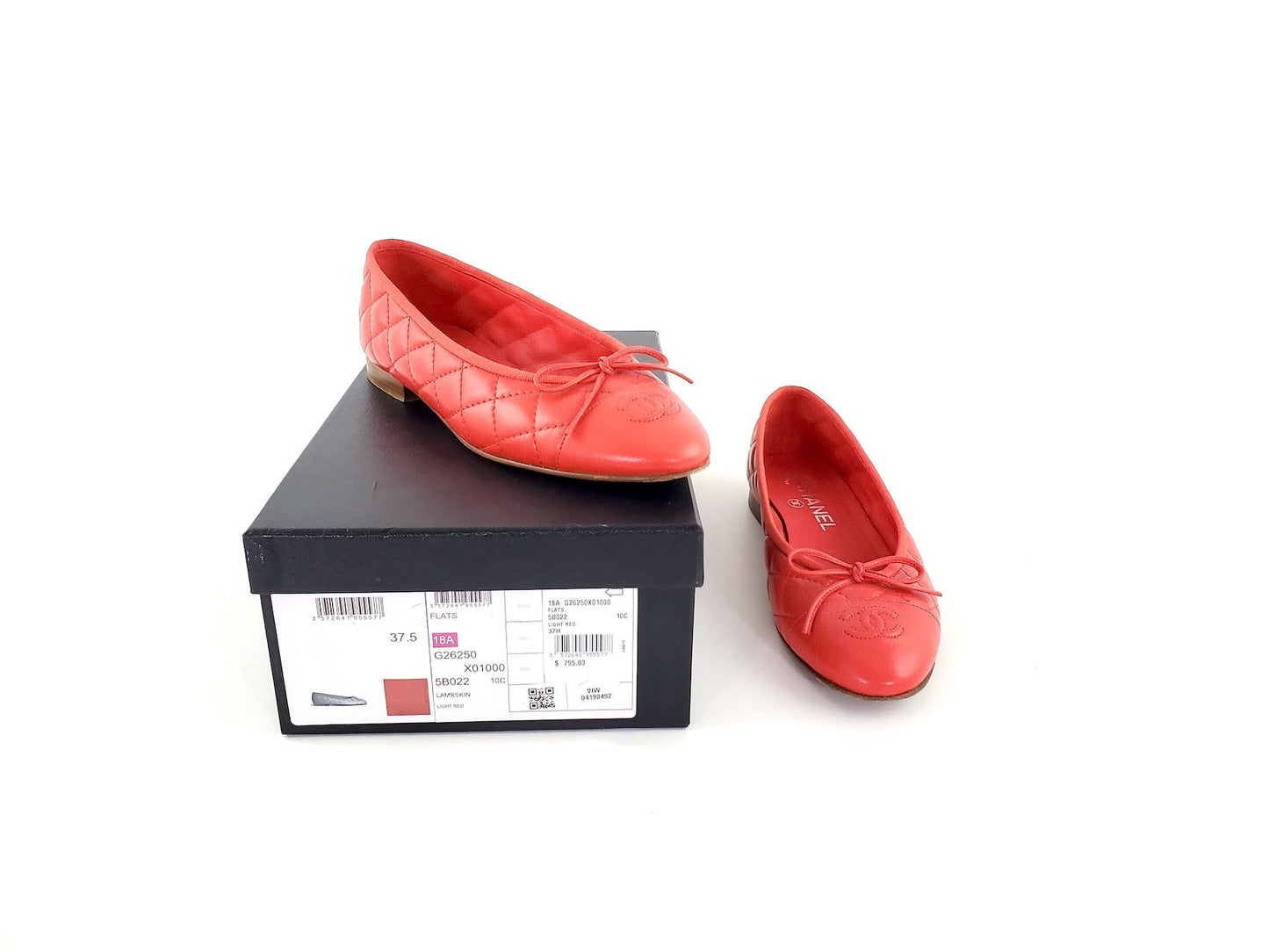 Chanel Red Quilted CC Logo Classic Ballet Flats 37.5C