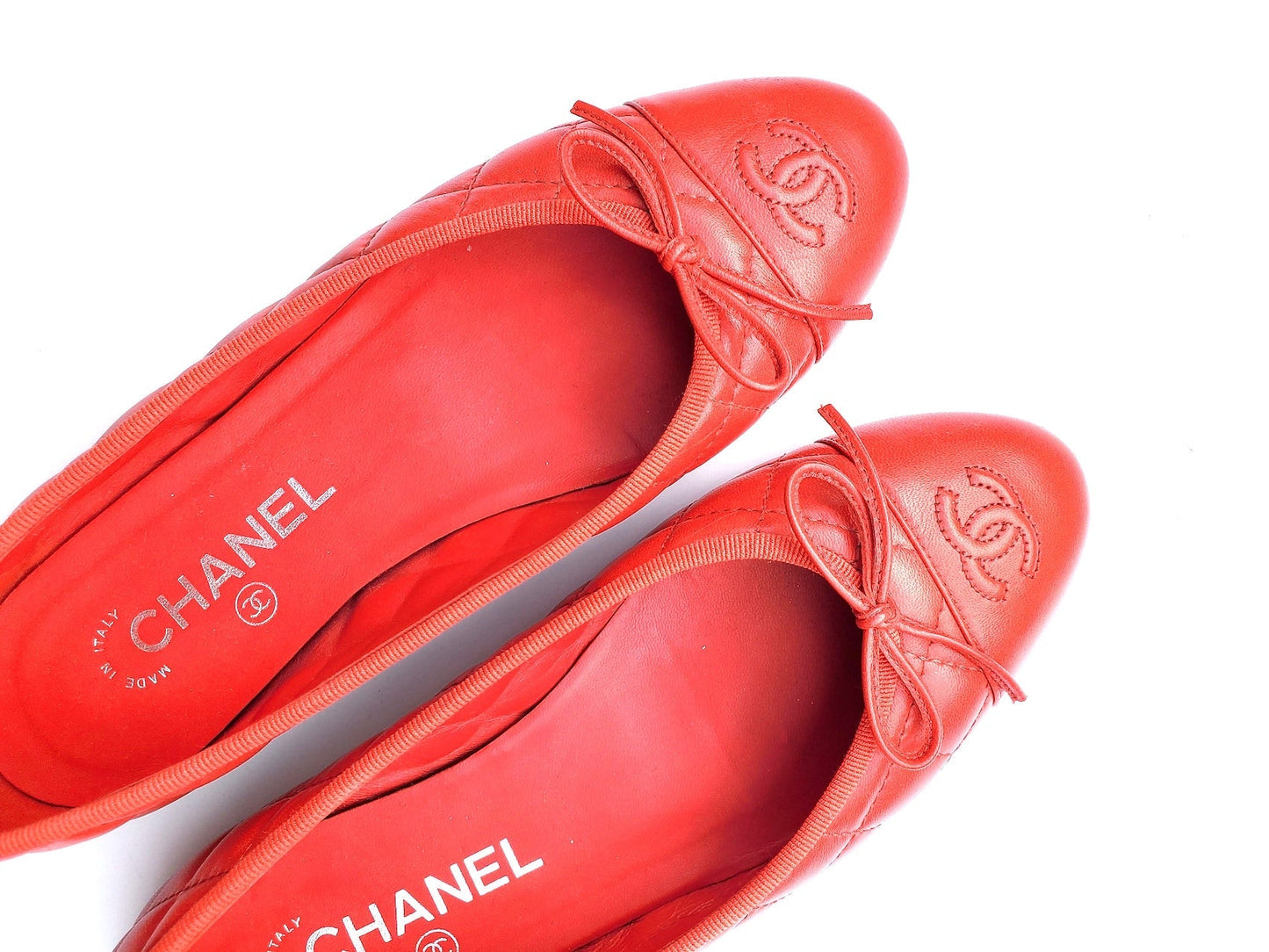 Chanel Red Quilted CC Logo Classic Ballet Flats 37.5C