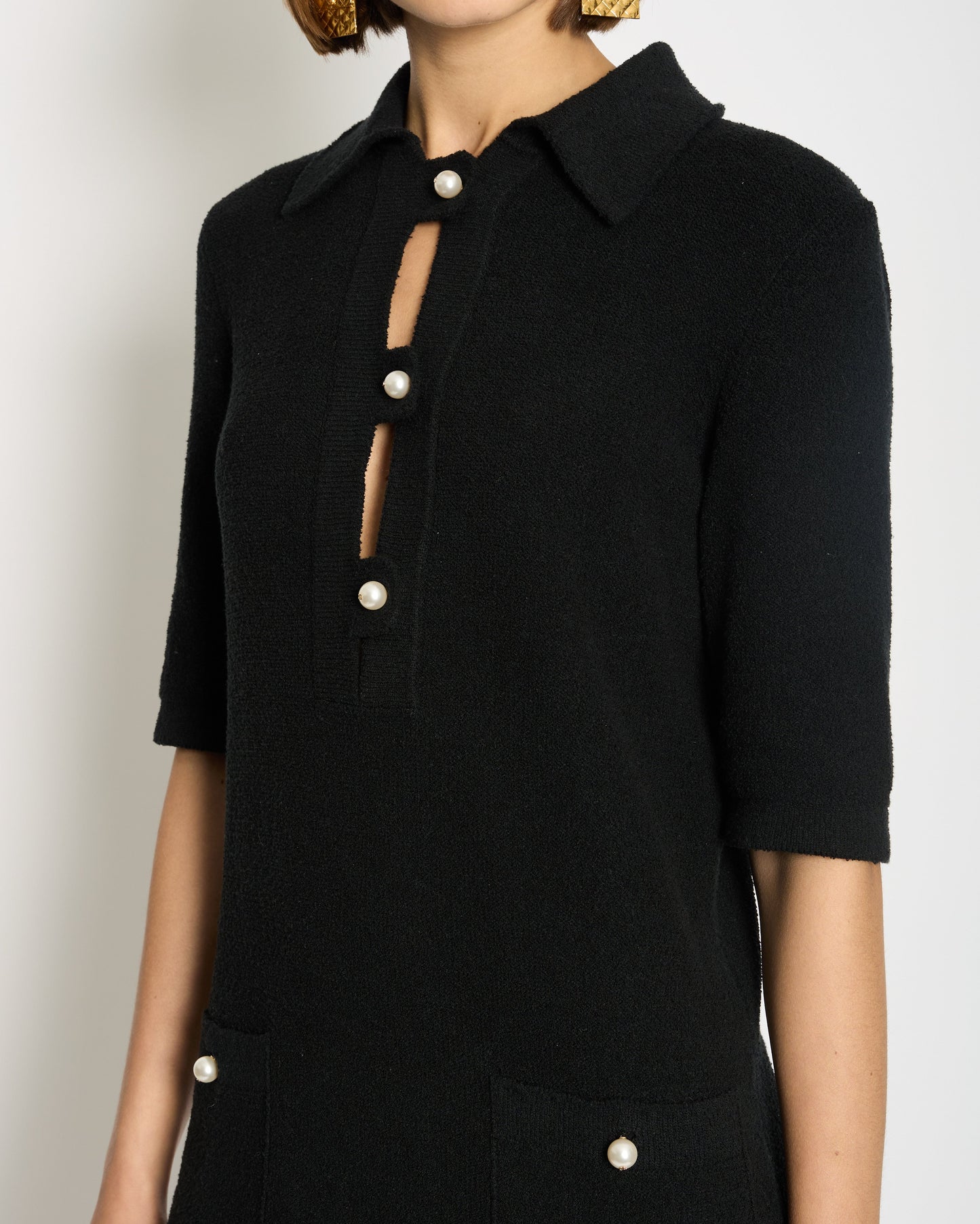 Chanel Black Terry Fabric Short Sleeve Dress with Pearl CC Buttons Detail Size FR 34 (UK 6) RRP £3000