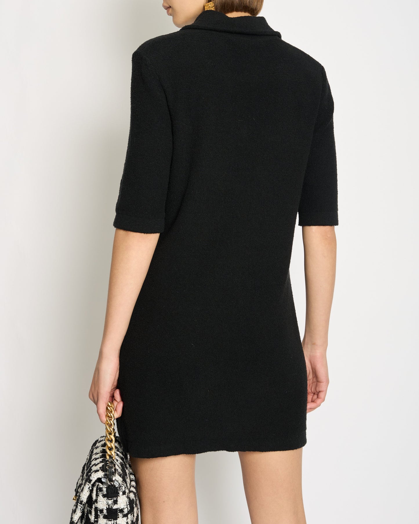 Chanel Black Terry Fabric Short Sleeve Dress with Pearl CC Buttons Detail Size FR 34 (UK 6) RRP £3000