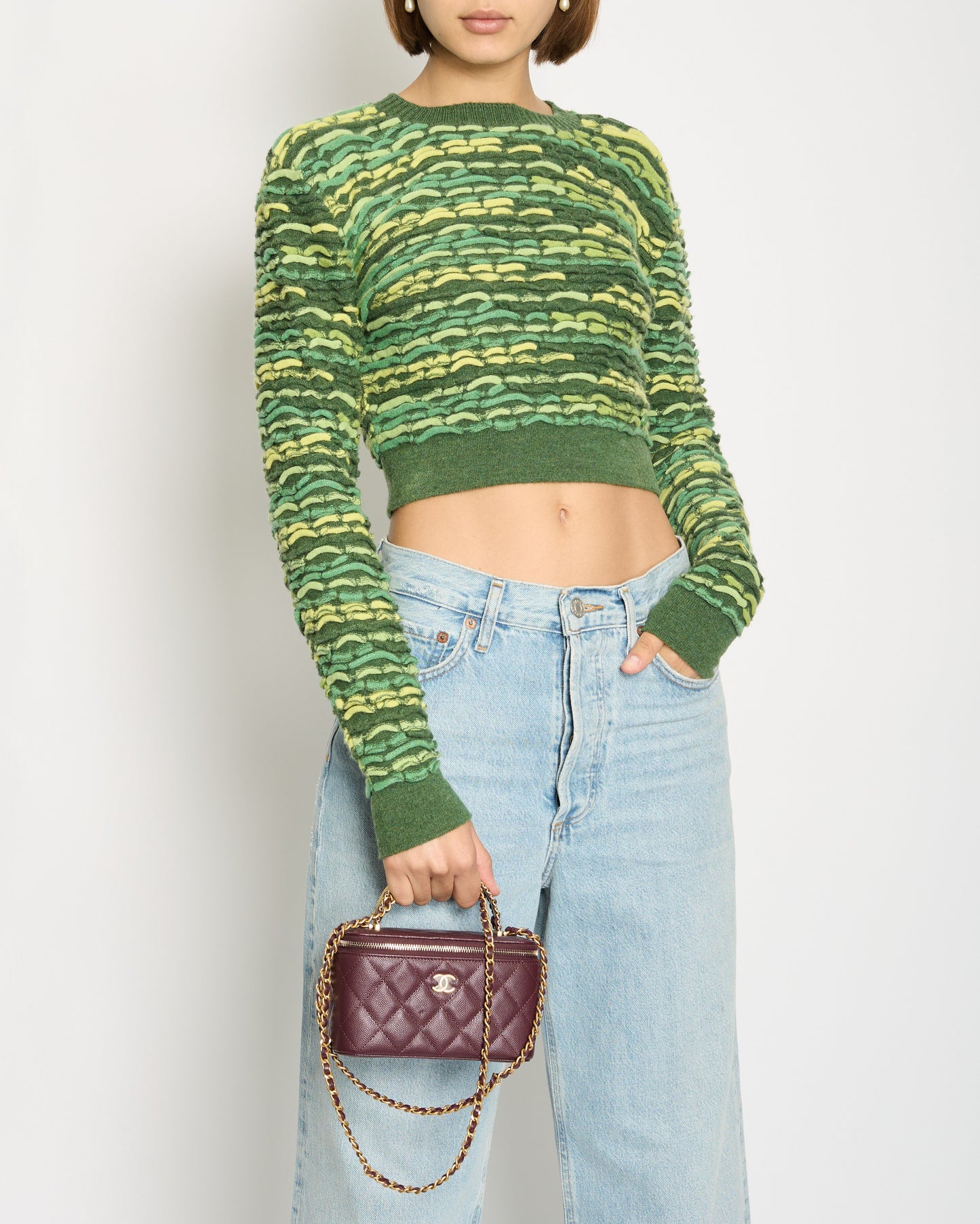 Chanel *HOT* Green Cropped Jacquard Jumper with CC Detail Size FR 36 (UK 8) RRP £1960 Accessory
