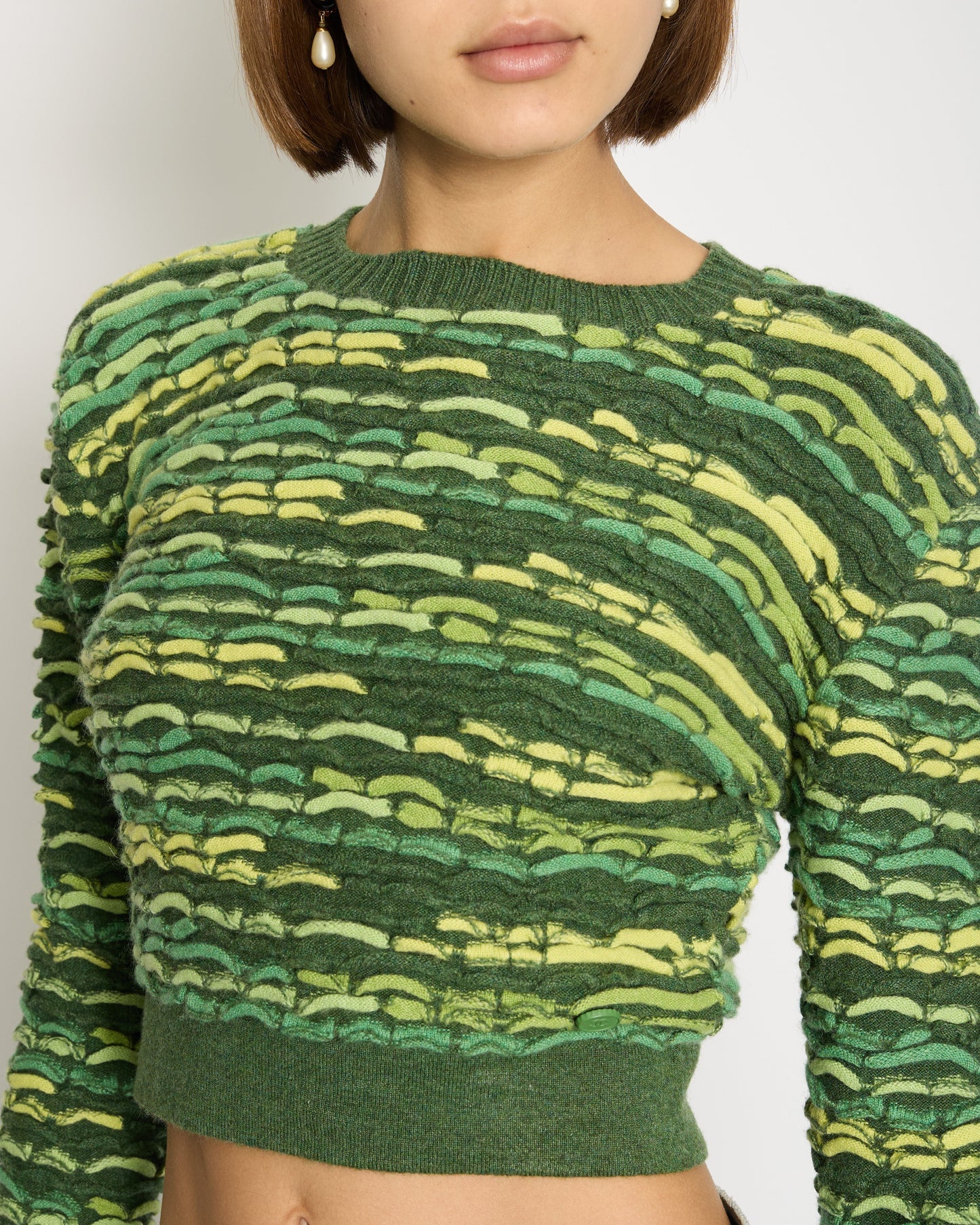 Chanel *HOT* Green Cropped Jacquard Jumper with CC Detail Size FR 36 (UK 8) RRP £1960 Accessory