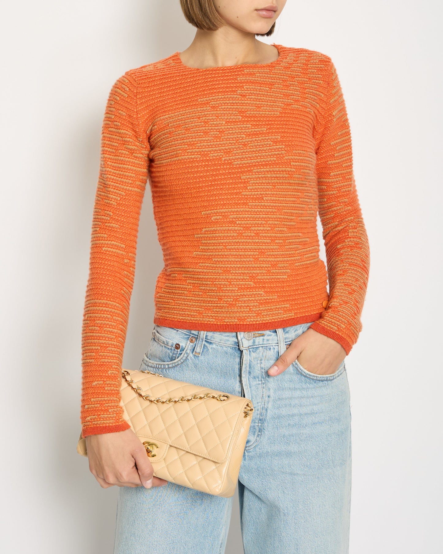 Chanel Carrot Orange Cashmere Jacquard Jumper with CC Detail Size FR 34 (UK 6) RRP £1960 Accessory