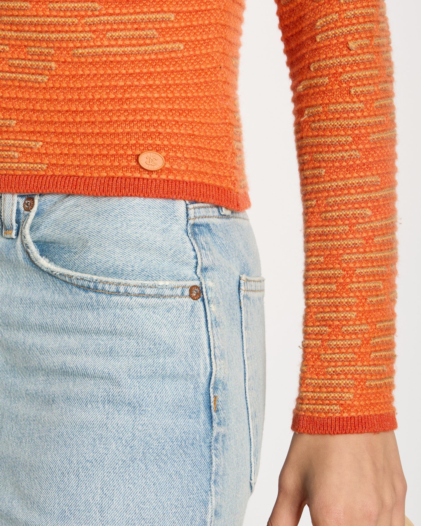 Chanel Carrot Orange Cashmere Jacquard Jumper with CC Detail Size FR 34 (UK 6) RRP £1960 Accessory