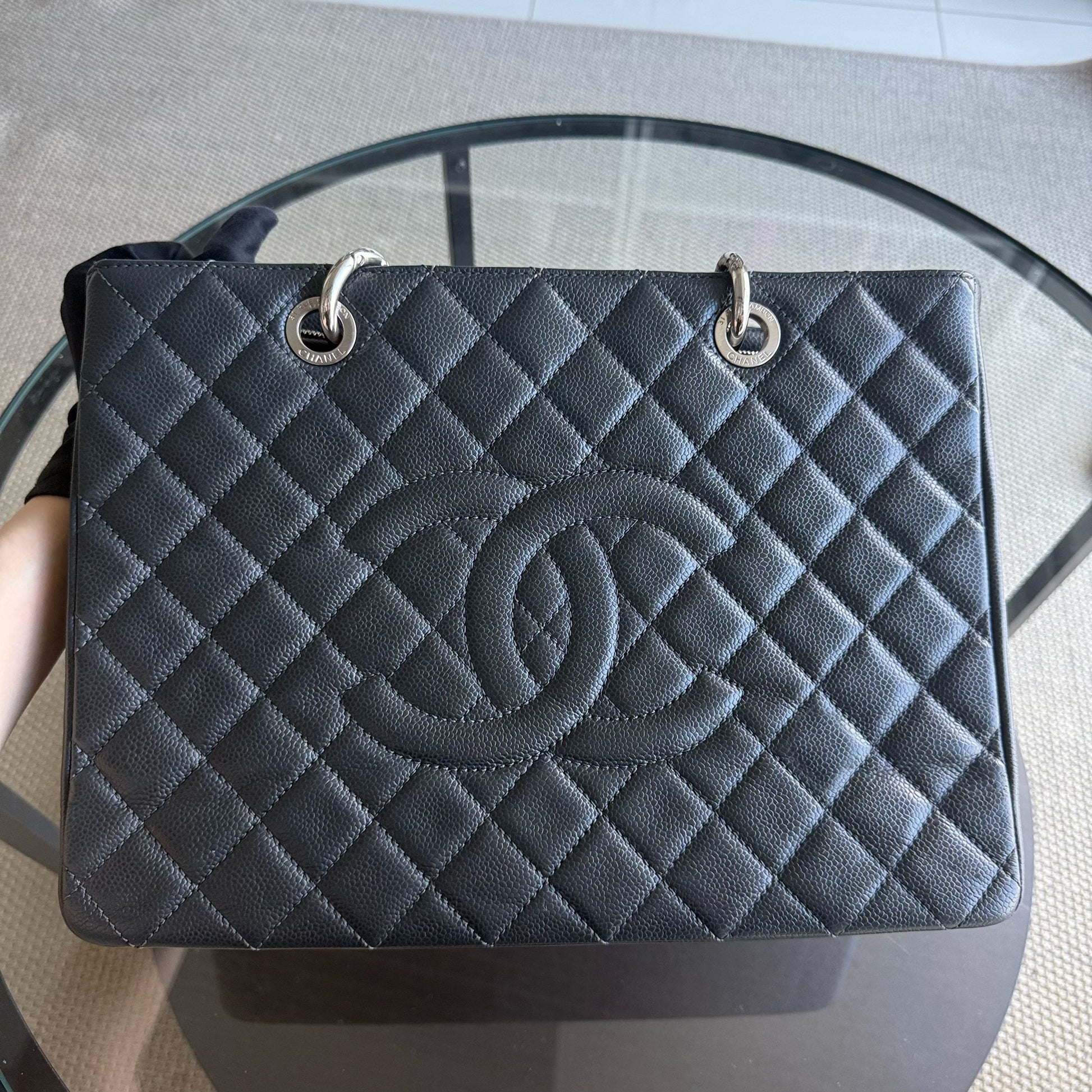 Chanel GST Grand Shopping Tote - Caviar Grained Quilted Silver Tote Bag