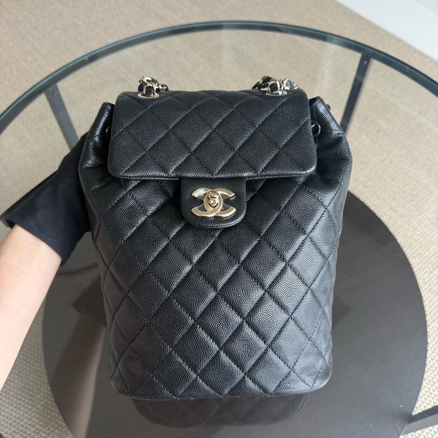 Chanel Urban Spirit Backpack- Caviar Hardware Microchip Black Gold