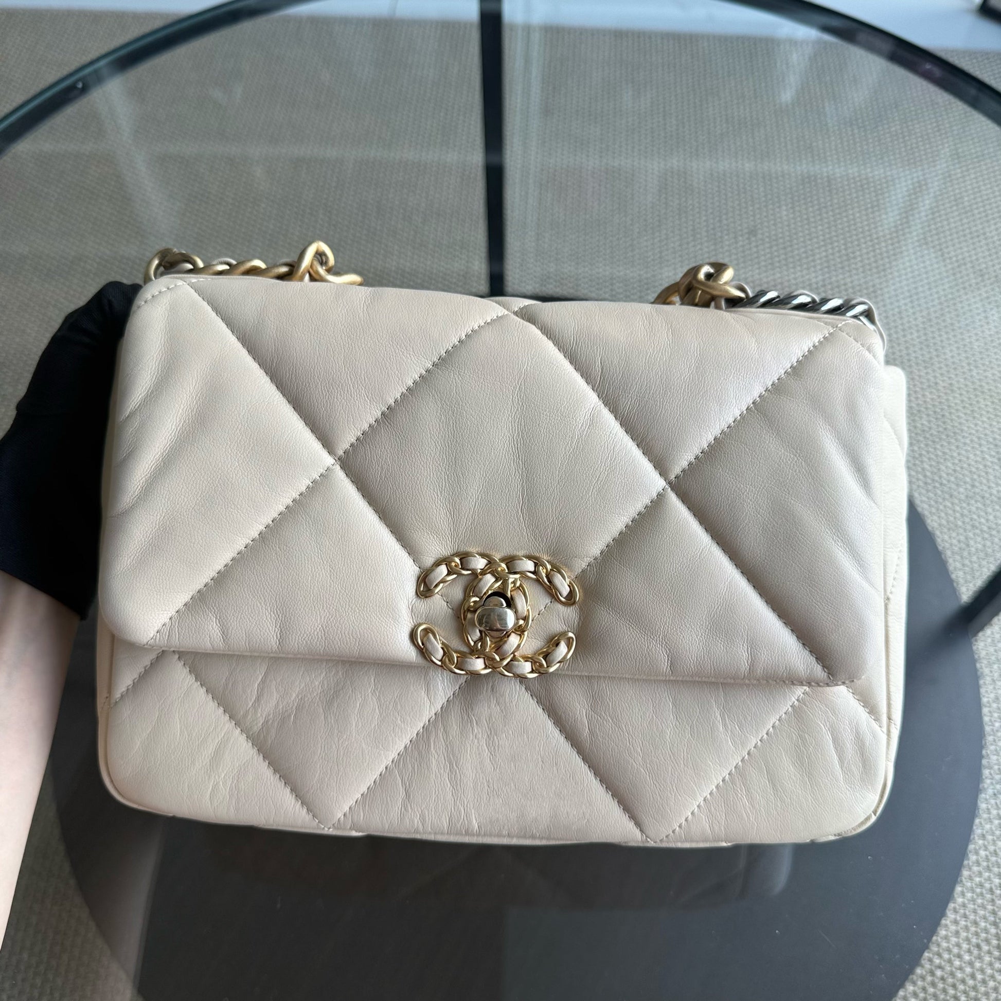 Chanel 19 Bag Small - Lambskin Light Two-tone Quilted Beige Handbag