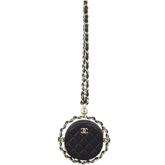 Chanel Frame Chain Around Round Clutch Quilted Black Clutch Bag