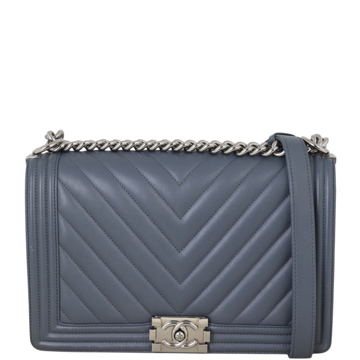 Chanel Boy New Chevron Handbag Blue Medium Crossbody Bag