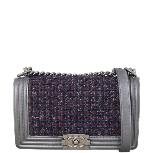Chanel Tweed Boy Old Handbag Medium Flap Crossbody Bag