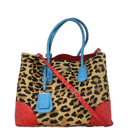Prada Tote Bag Calf Hair Ostrich Leopard Double Bag Brown Large Shoulder Bag