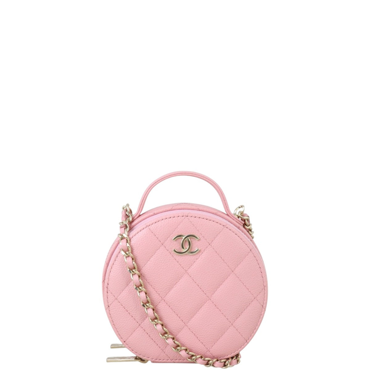 Chanel CC Top Handle Round Zipped Pouch on Quilted Pink Mini Bag