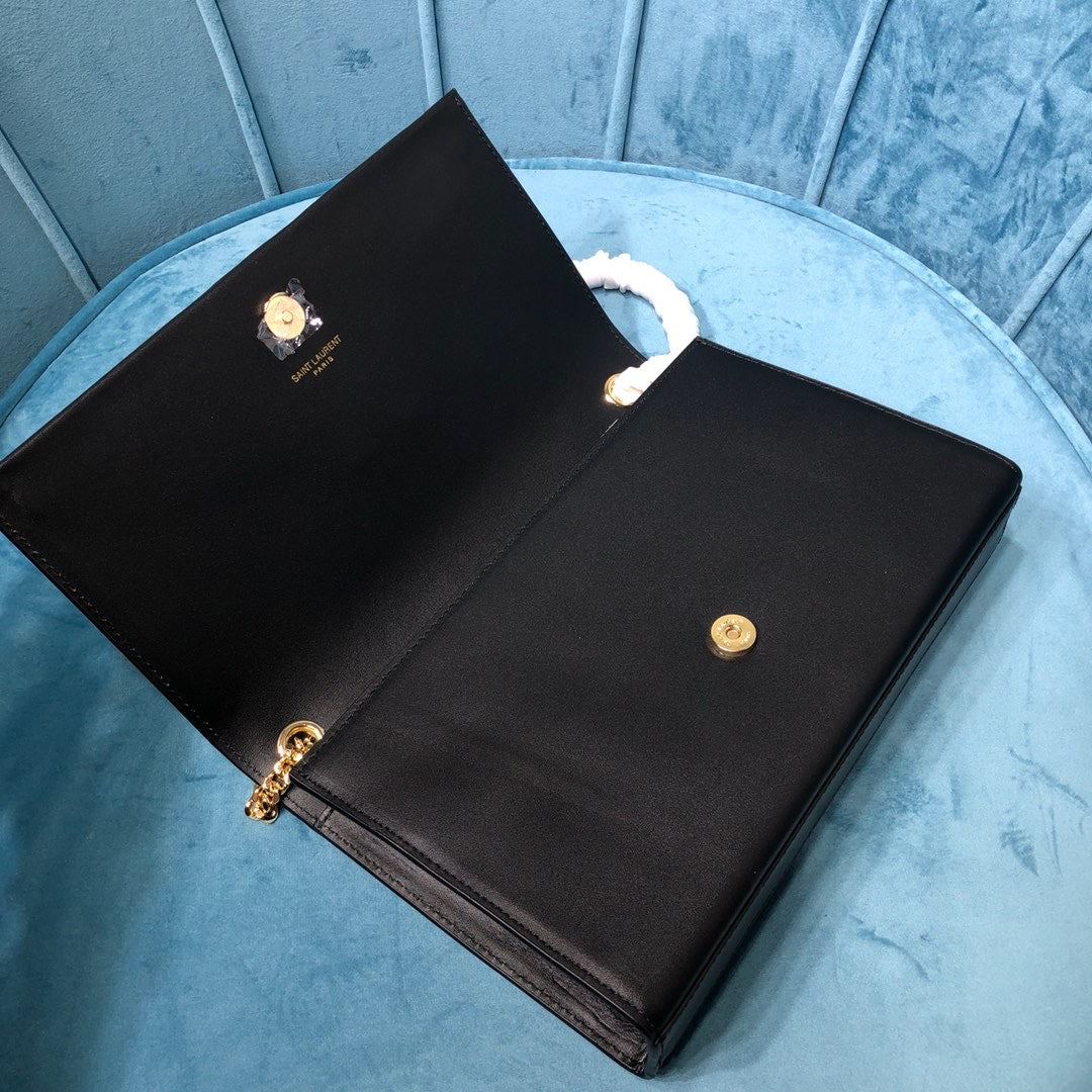 YSL Saint Laurent Kate Tassel 9in 24cm Grain De Poudre Black Medium Chain Handbag