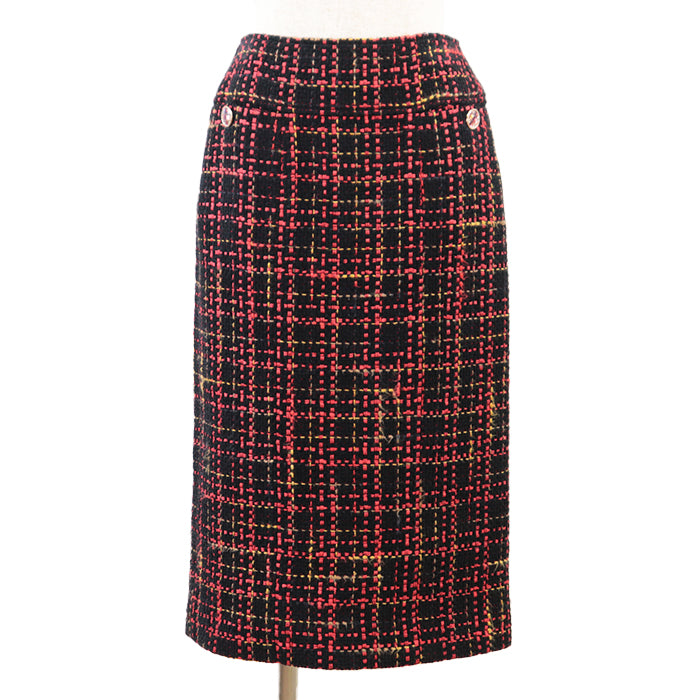 Chanel Tweed Skirt , Crystal Button, Check Pattern, Black/Red/Mustard