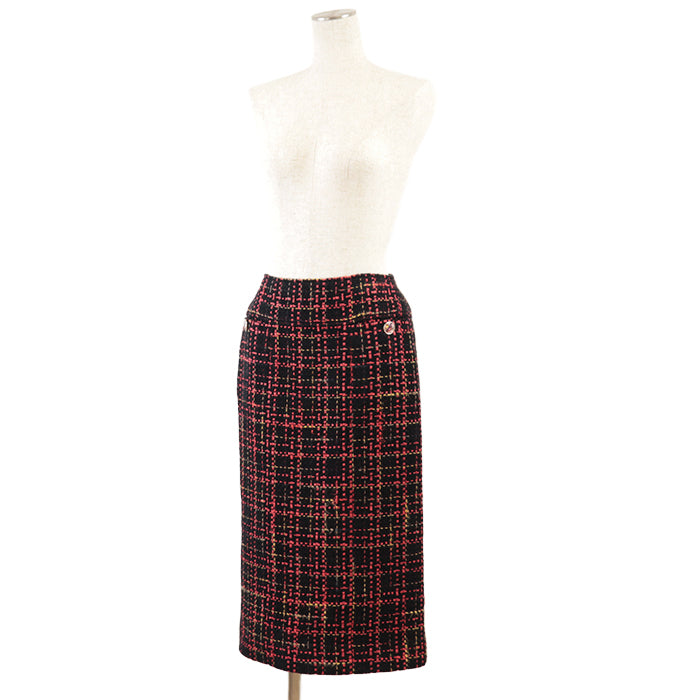 Chanel Tweed Skirt , Crystal Button, Check Pattern, Black/Red/Mustard