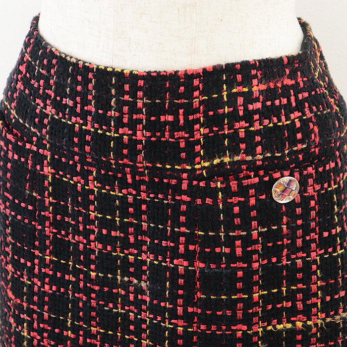 Chanel Tweed Skirt , Crystal Button, Check Pattern, Black/Red/Mustard