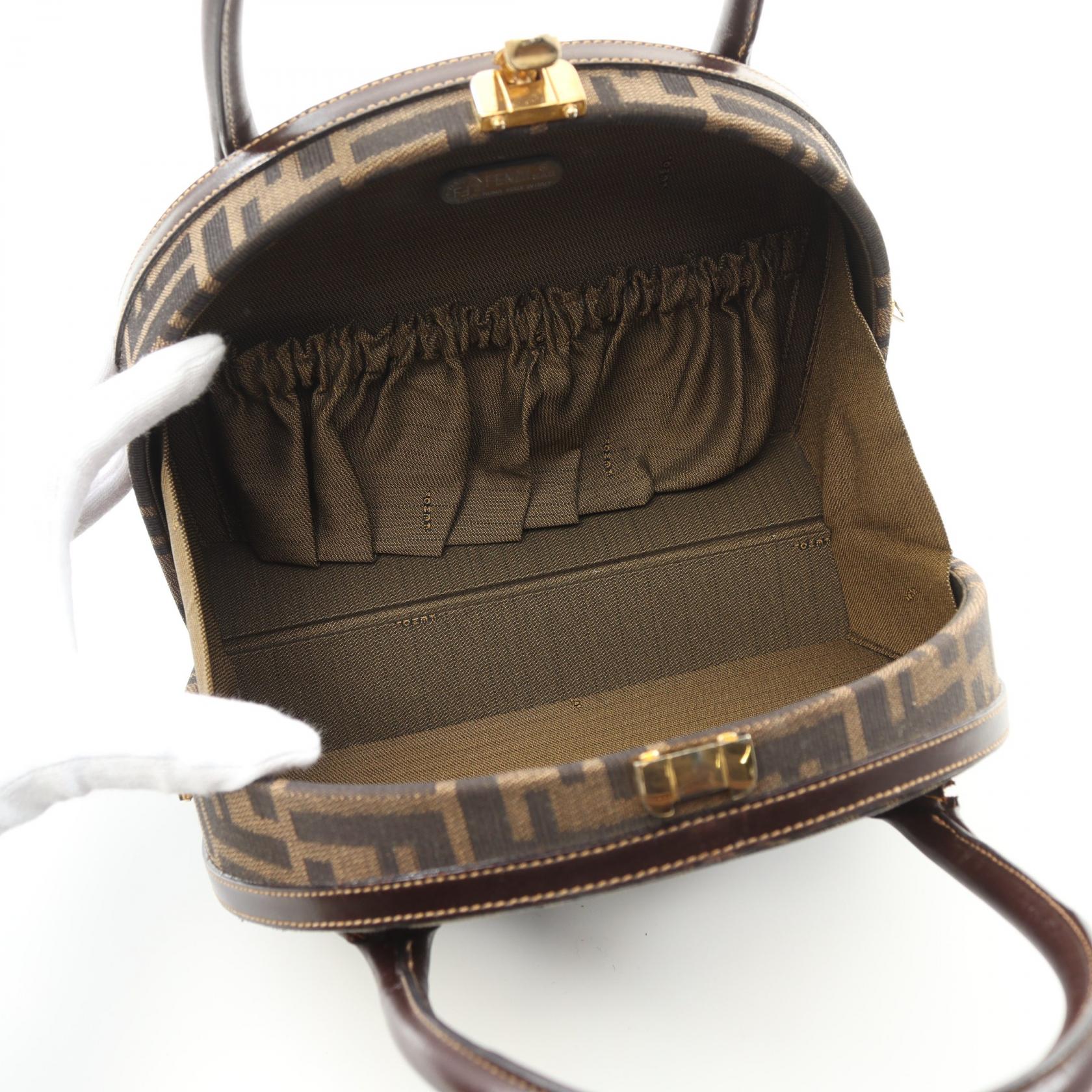 Fendi Zucca Handbag Leather Canvas Travel Bag Leather 2Way Handbag