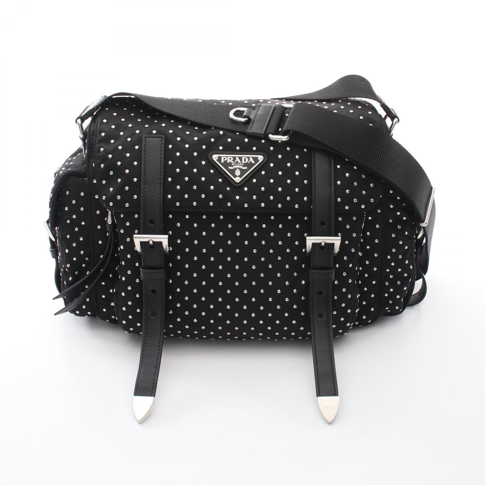 Prada Studs Shoulder Bag Leather Nylon