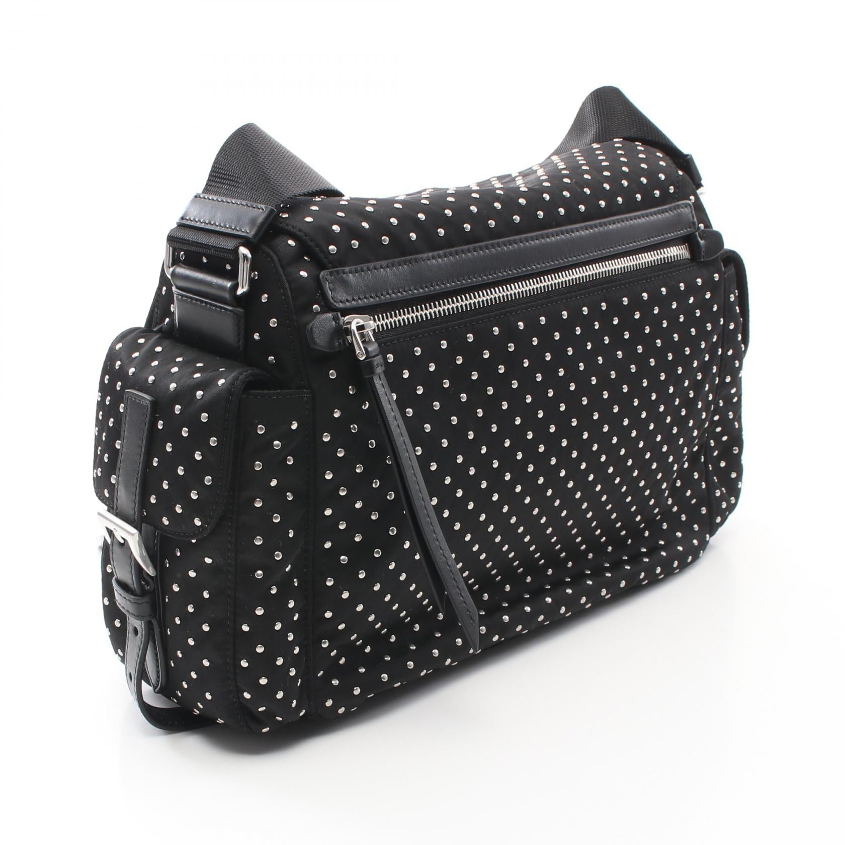 Prada Studs Shoulder Bag Leather Nylon