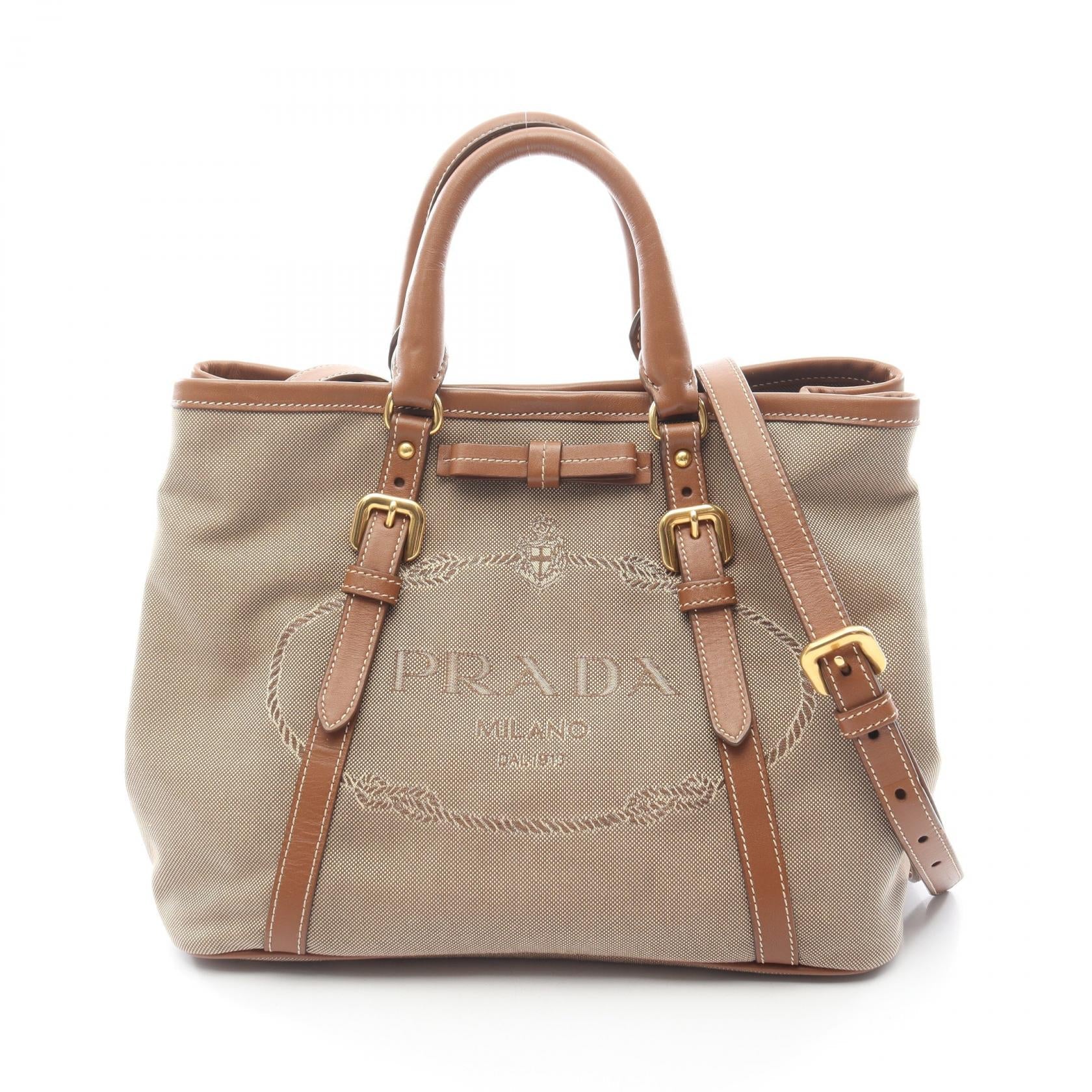 Prada Tote Bag Leather Canvas Logo