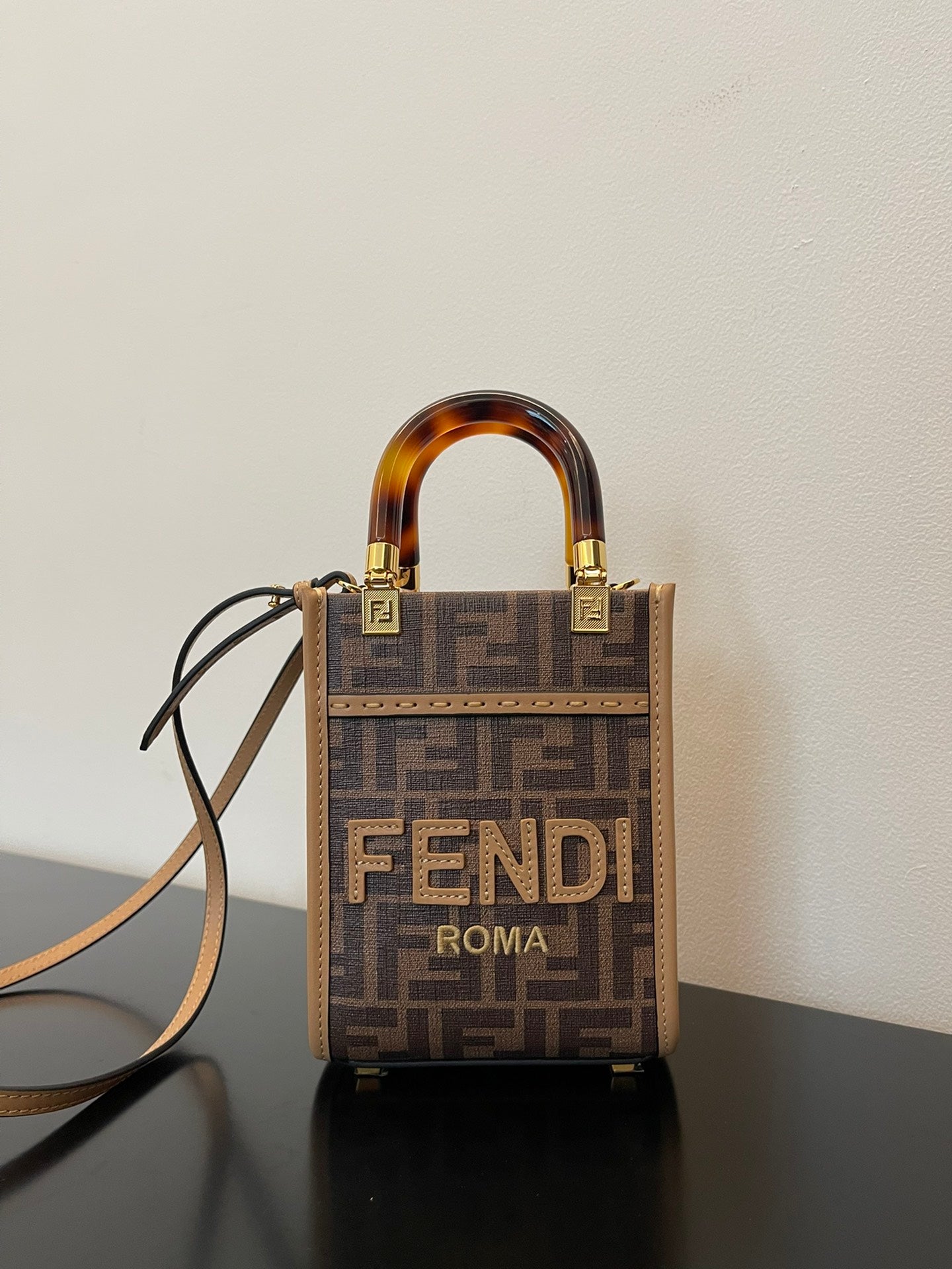 Fendi Top QualityTop Quality Sunshine Shopper Brown Mini FF Tote Bag