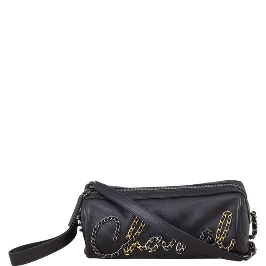 Chanel Signature Written in Chain Bowling Bag Quilted Black Crossbody Bag