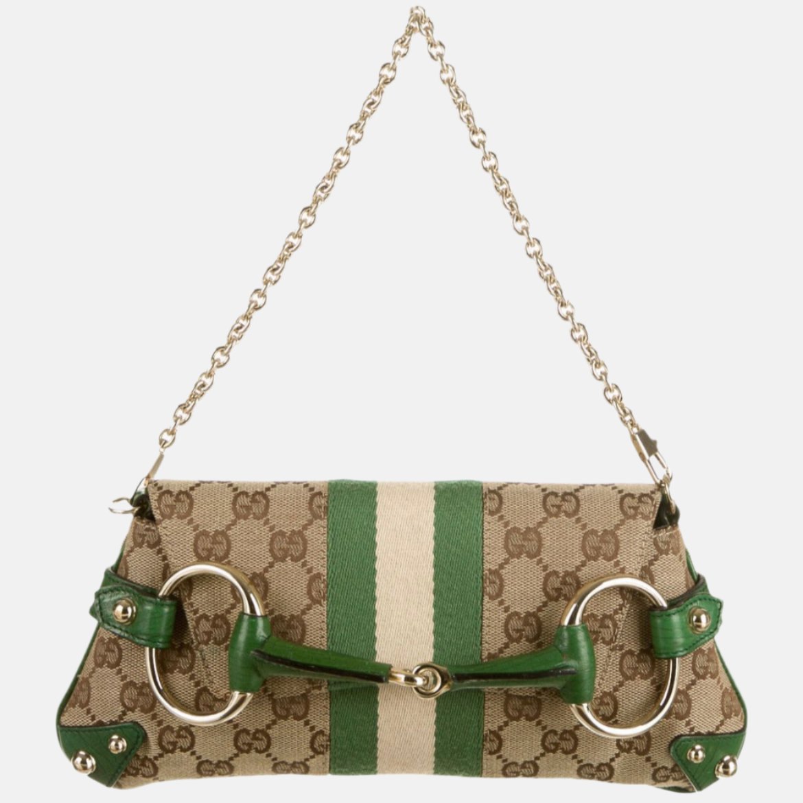 Gucci Horsebit Chain Studs Monogram Leather Green Gold Handbag