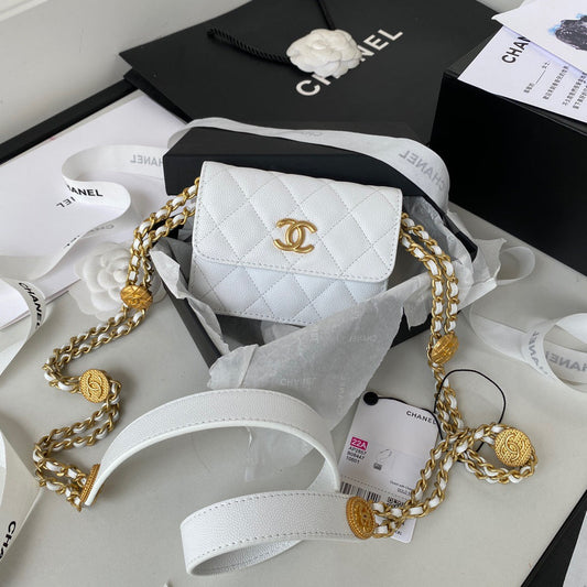 Chanel Clutch With Hardware Grained Shinny For Women White Gold Shoulder Bag