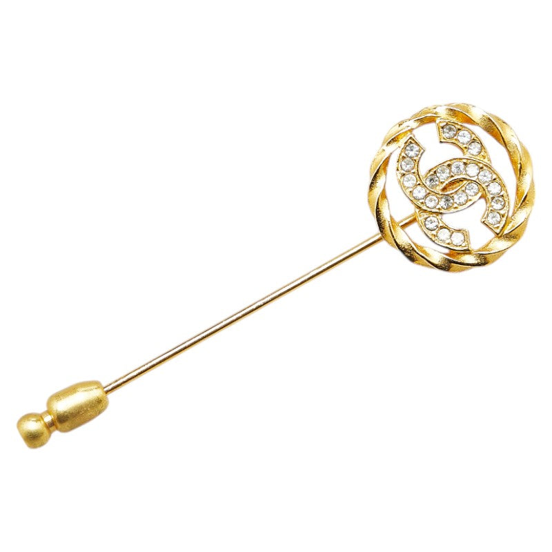 Gold Plated Coco Mark Rhinestone Brooch Signature