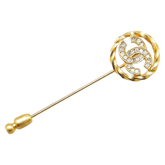 Gold Plated Coco Mark Rhinestone Brooch Signature