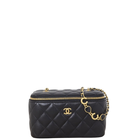 Chanel Vanity Case with Coco Heart Chain Handbag Quilted Black Mini Bag