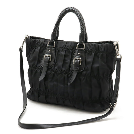 Prada Gathered 2Way Handbag Leather Nylon Travel Bag