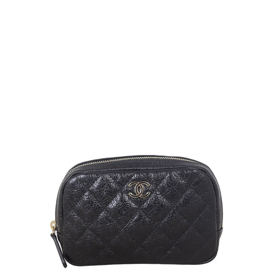 Chanel Camellia Curvy Cosmetic Case Small Handbag Quilted Black Mini Bag