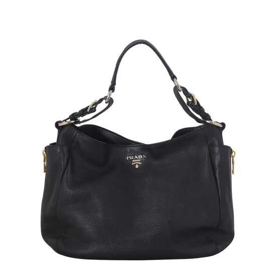 Prada Shoulder Bag Daino Side Pocket Hobo Vitello Black