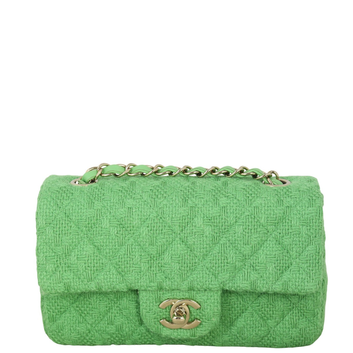 Chanel Classic Flap Mini Rectangular Bag Tweed Quilted Green Crossbody Bag