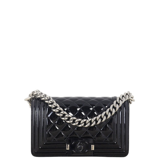 Chanel Boy Patent Handbag Quilted Black Crossbody Bag