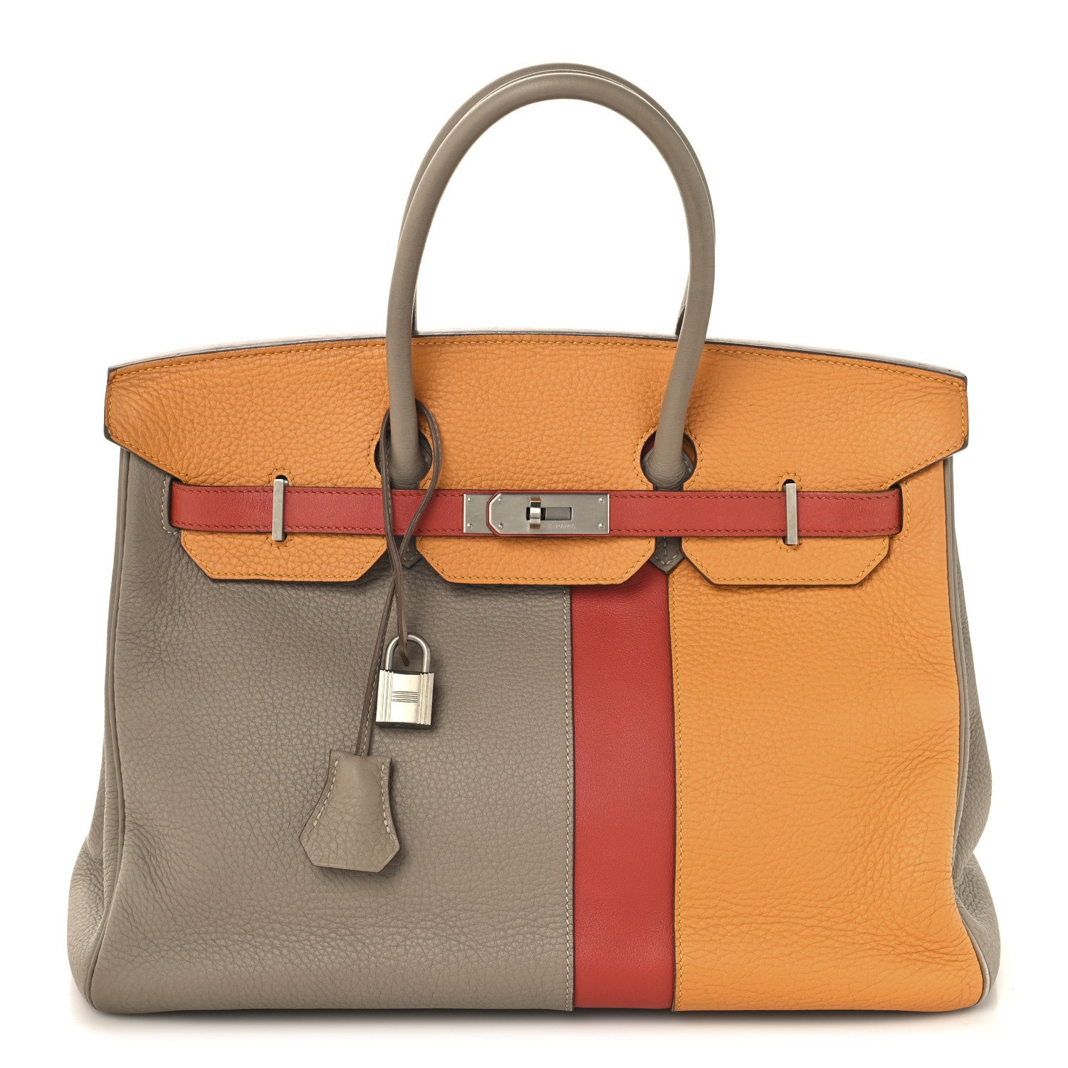 Hermes Taurillon Clemence Swift Tri Color Birkin Sanguine Gris Travel Bag
